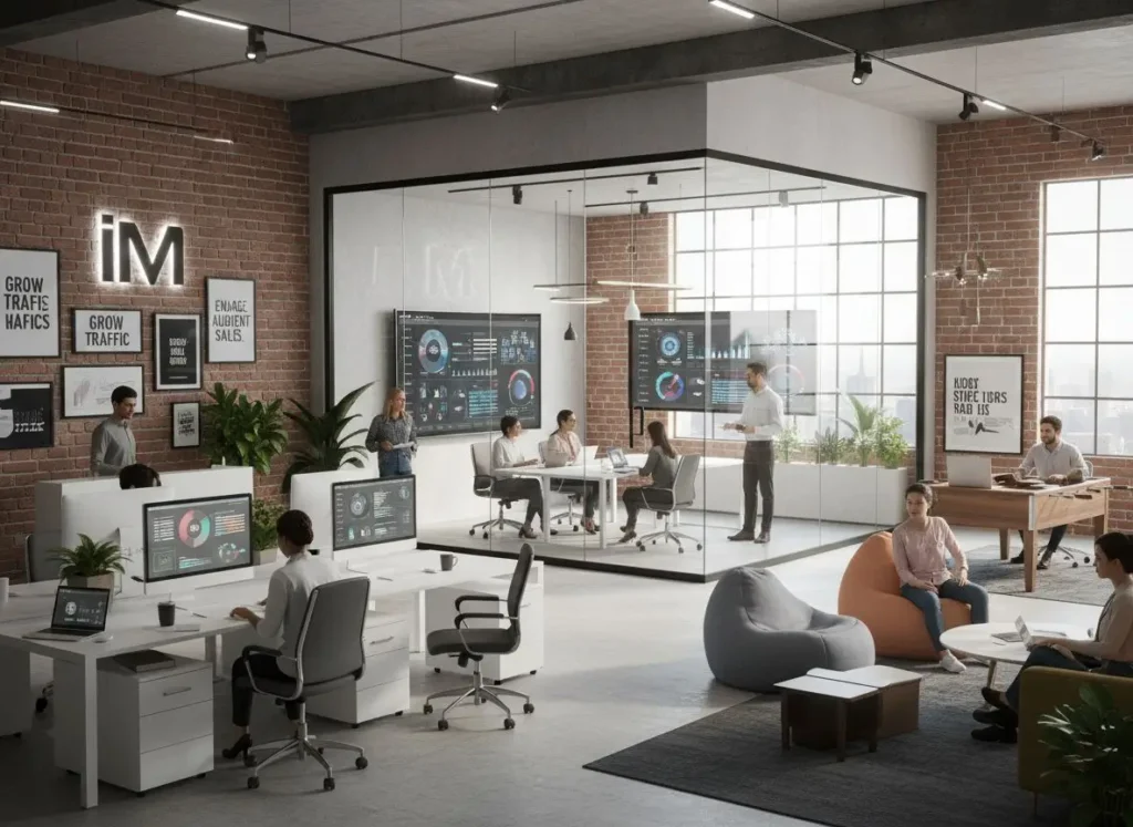 Marketing specialists reviewing campaign dashboards in an agency studio