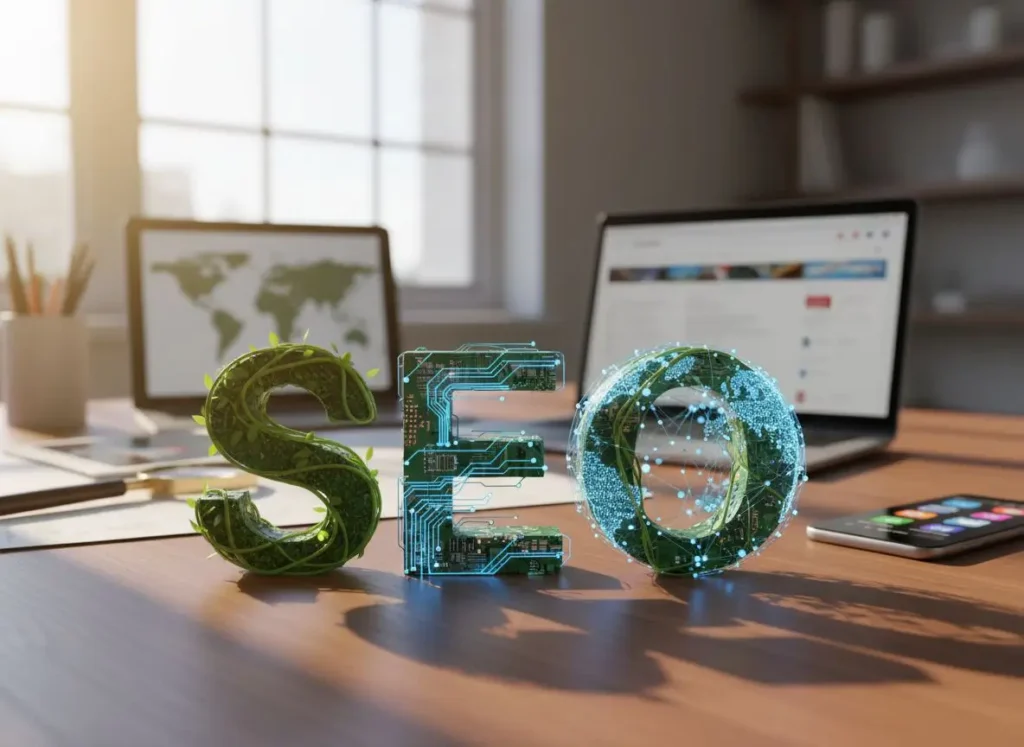 Search engine optimisation concept on a designer desk