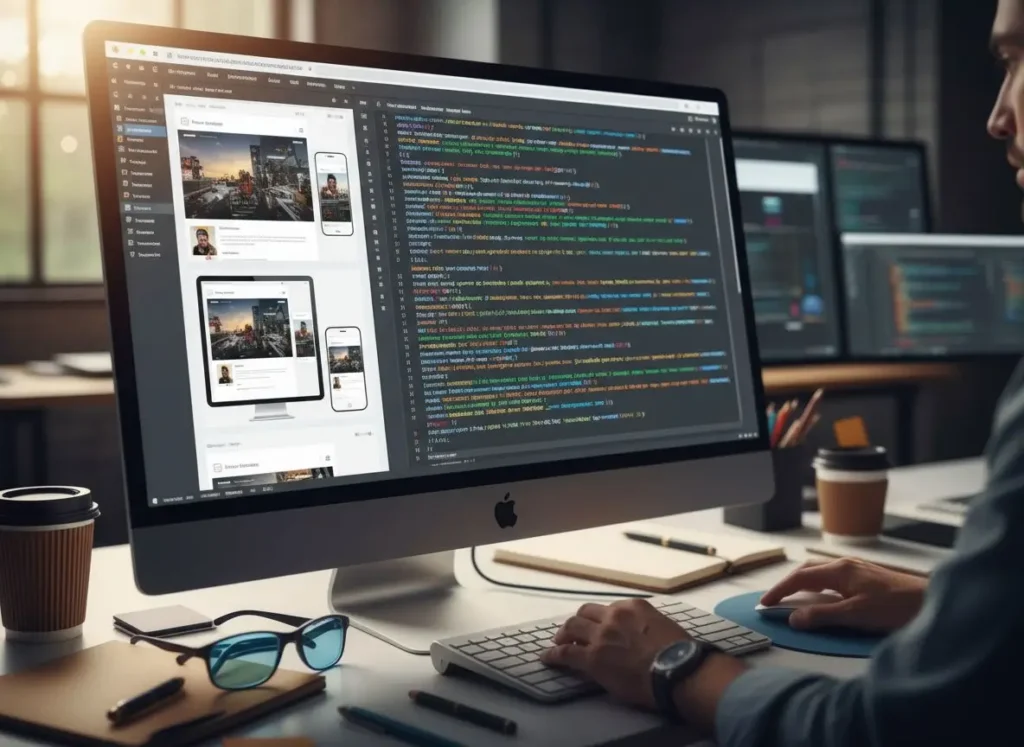 A developer maintaining website code on a large display