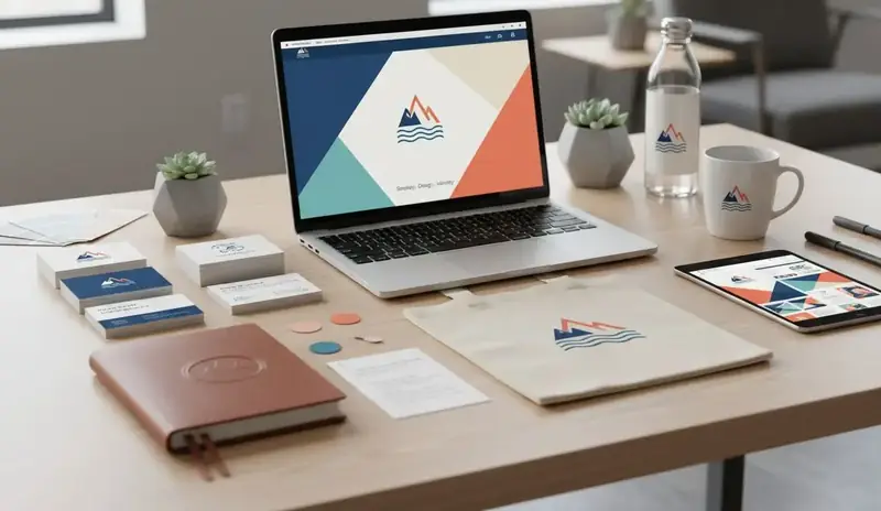 Branded stationery and collateral laid out on a desk