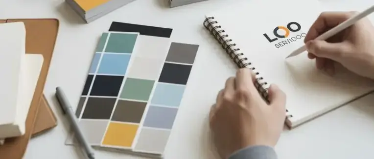 Designer sketching a logo beside a printed colour palette